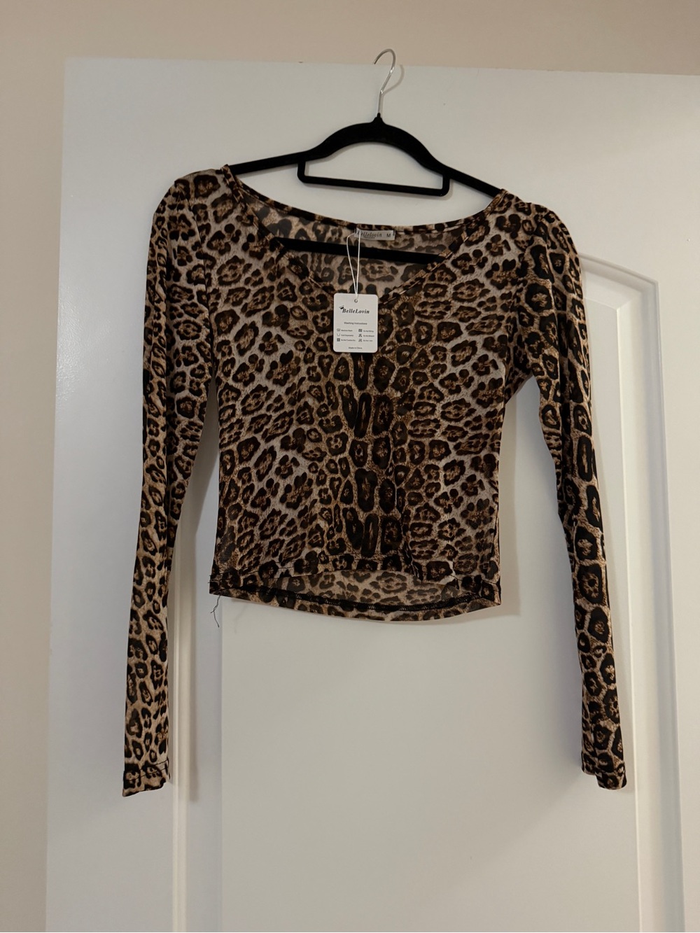 NWT BelleLovin Leopard Print sheer Long Sleeve Women's Top - Brown